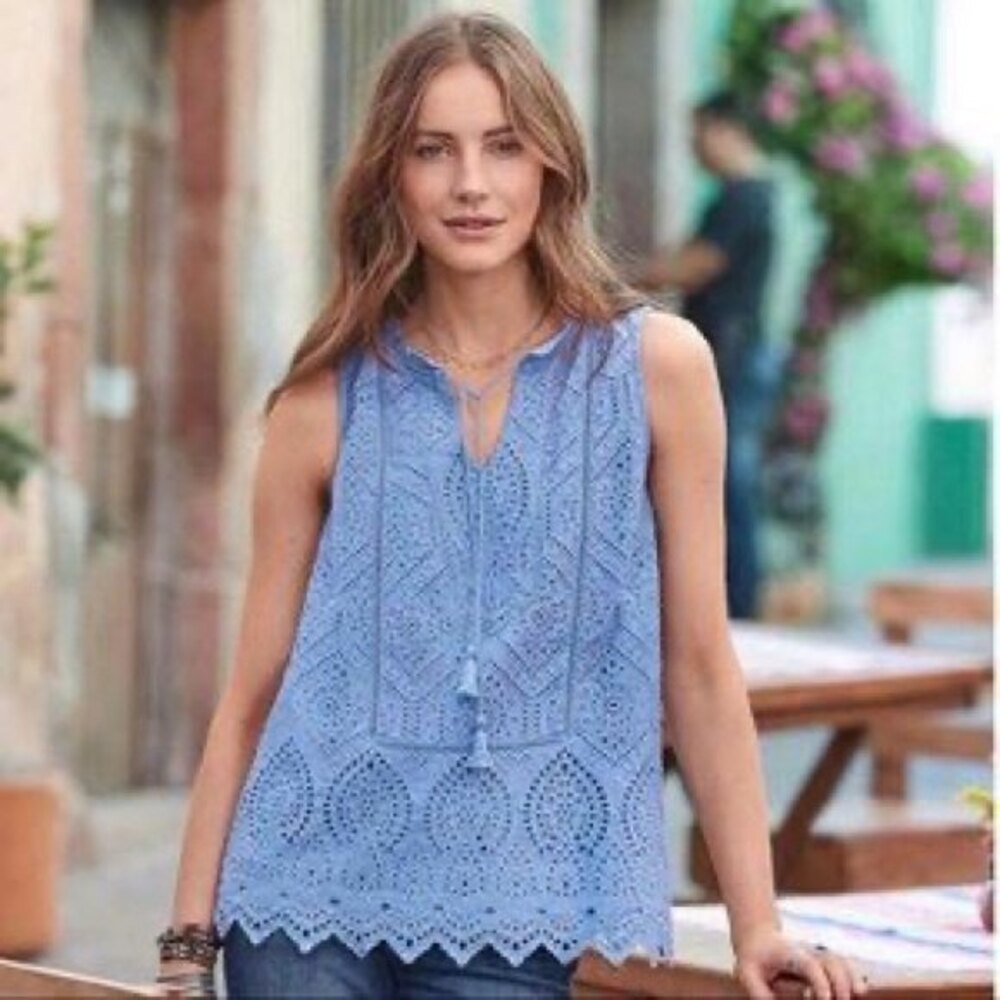 Sundance Sebilla Top Crochet Eyelet Tank Blue XS